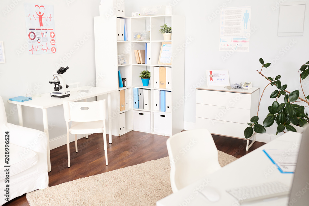 Background image of empty white office interior in modern private clinic, copy space Background image of empty white office interior in modern private clinic, copy space