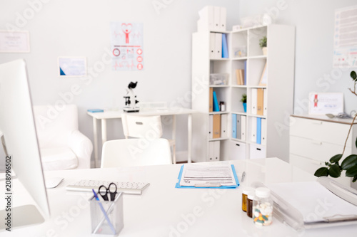 Background image of empty white doctors office interior in modern private clinic, copy space