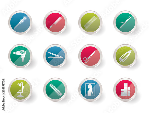 Stylized hairdressing, coiffure and make-up icons over colored background - vector Icon Set