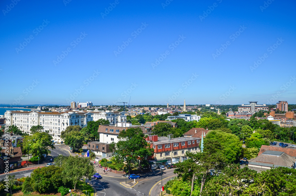 Elevated view of Bournemouth town centre against blue sky. Dorset, United Kingdom