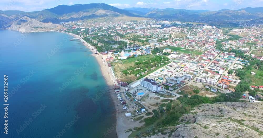 Aerial view of the seaside town of Sudak from the mountain.