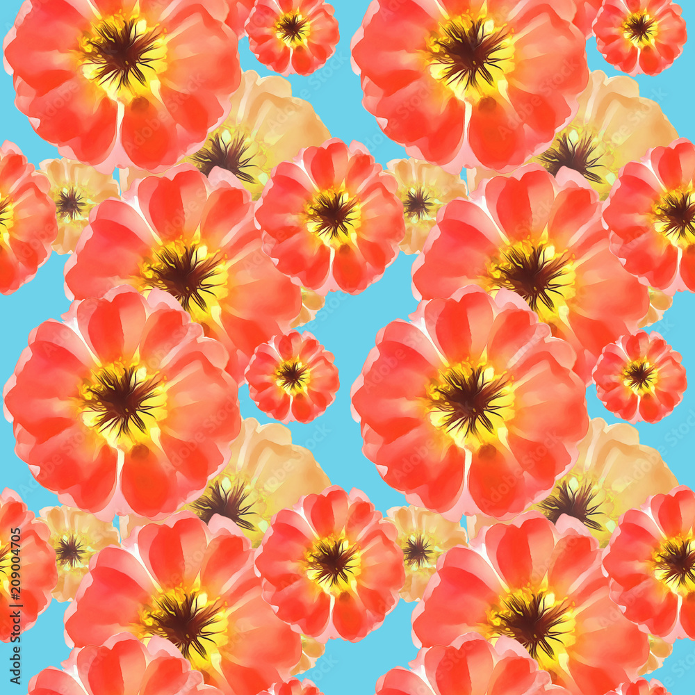 Purslane, portulaca. Seamless pattern texture of flowers. Floral background, photo collage