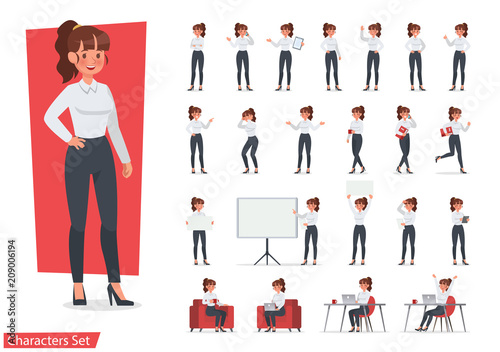 Businesswoman working character design set. Vector design.