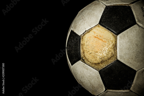 Close up of Old Soccer ball on black background