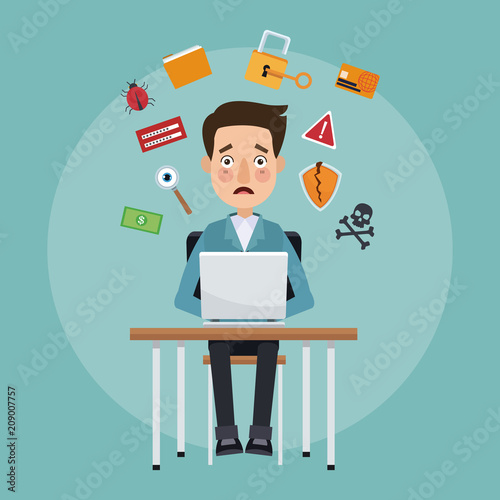 Man with laptop hacked cartoon vector illustration graphic design