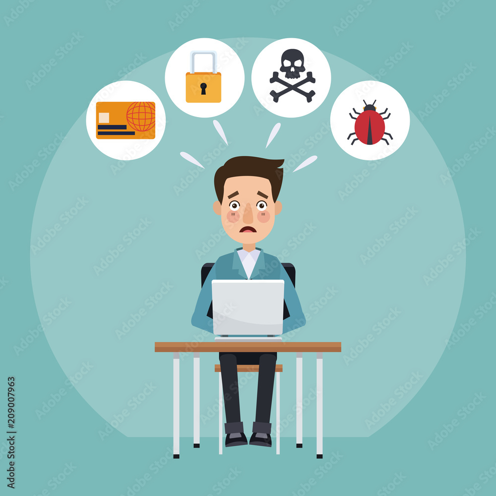 Man with laptop hacked cartoon vector illustration graphic design