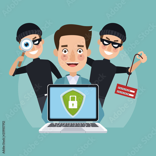Man with secure laptop and hackers behind vector illustration graphic design