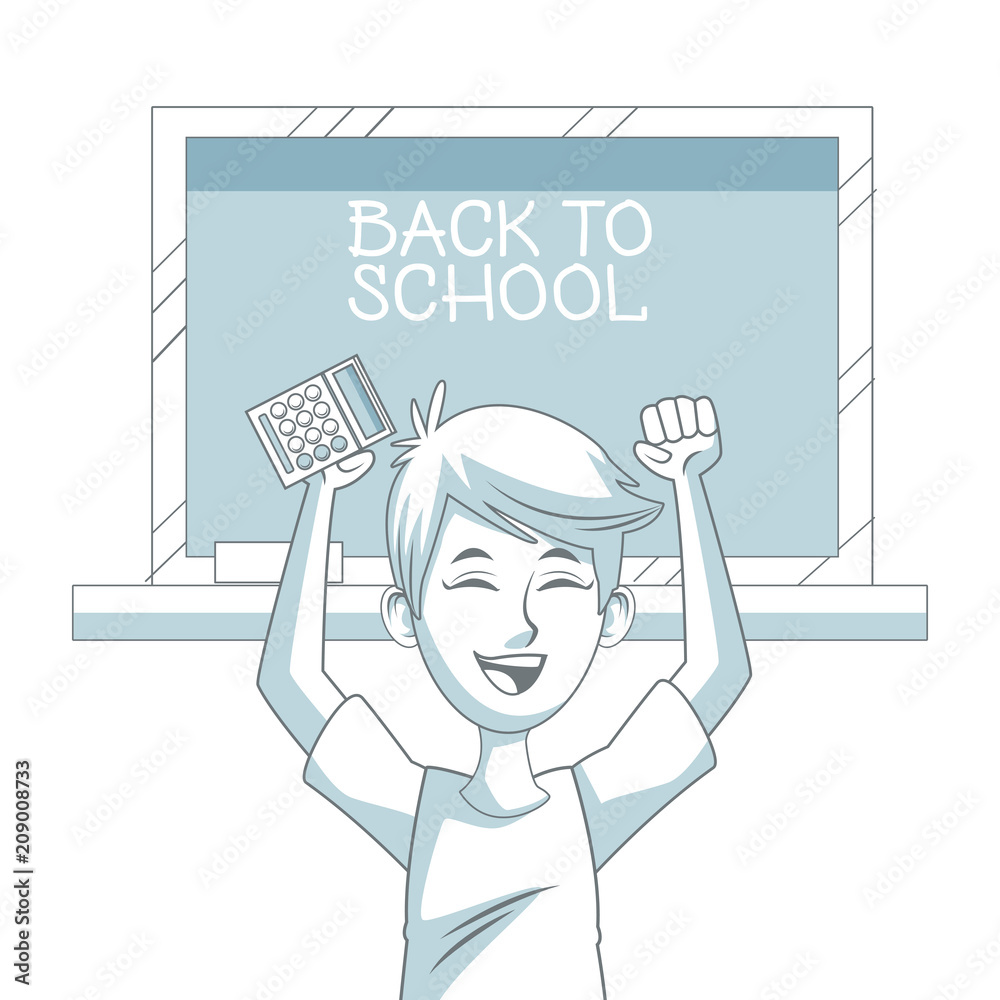 Naklejka premium Happy student boy with school elements cartoons vector illustration graphic design