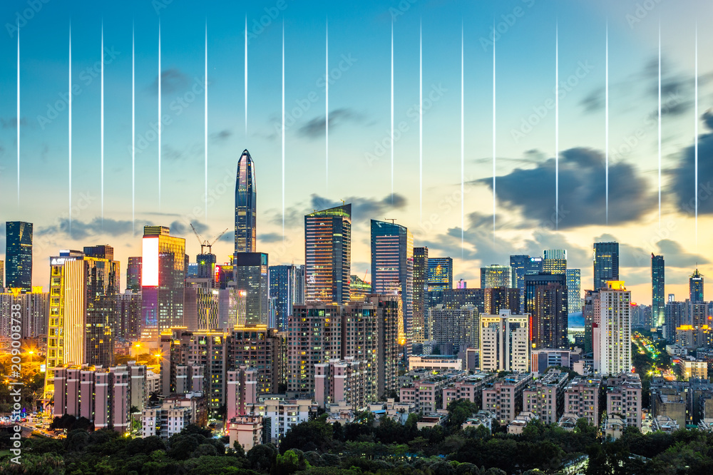 Obraz premium Shenzhen city skyline and concept of network data