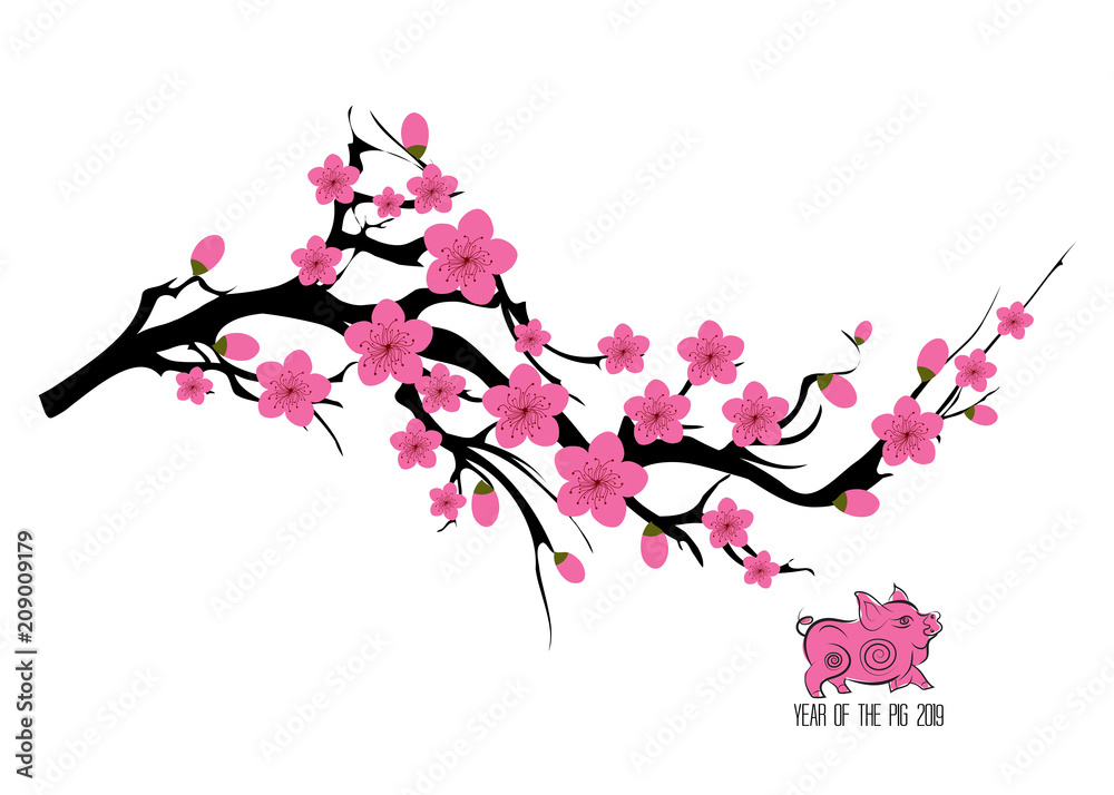 Japan cherry blossom branching tree vector illustration. Japanese  invitation card with asian blossoming plum branch Stock Vector | Adobe Stock