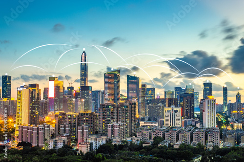 Shenzhen city skyline and concept of network data