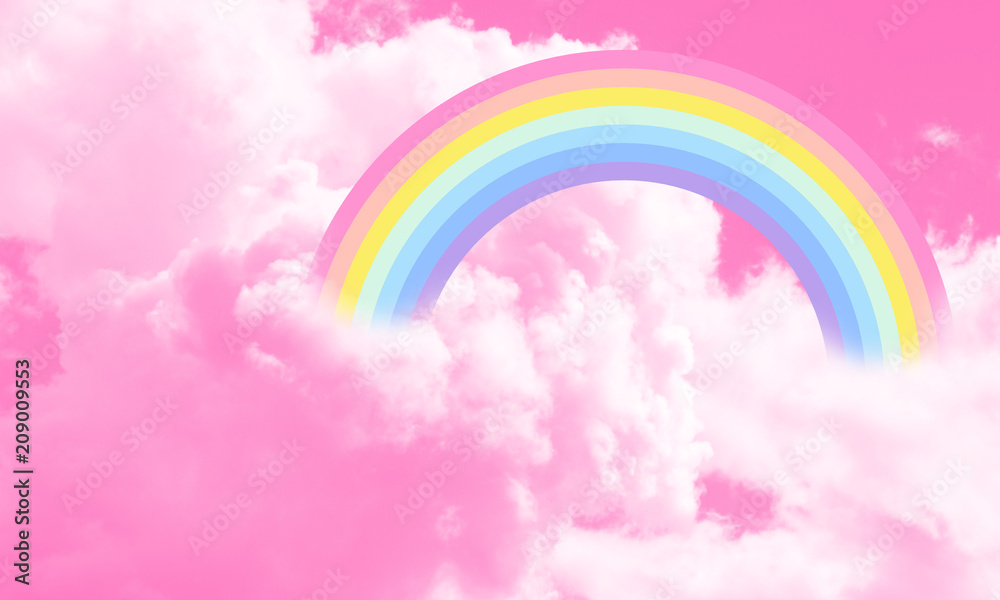 Cotton candy sky pink background illustration, rainbow in the