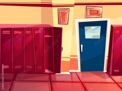 Locker room vector illustration of gym or school sport changing room. Cartoon seamless row of individual lockers and entrance door for parallax or computer games background template