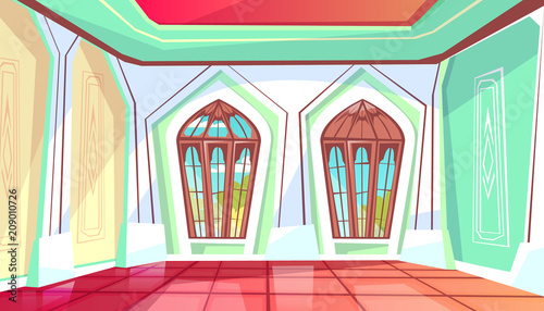 Ballroom vector illustration of royal palace hall with windows on garden view. Flat cartoon ball room or king apartment and museum interior background with tile floor