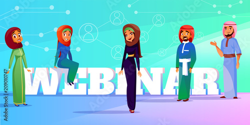 Muslim webinar vector illustration of web conference or seminar speakers. Saudi Arabian man and woman in khaliji and hijab for business interview presentation on infographic background