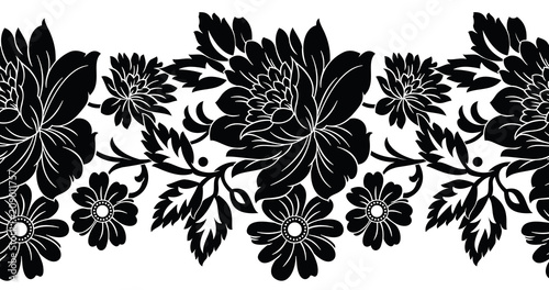 Seamless black and white floral border