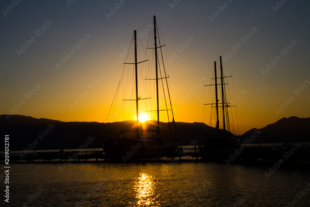 sunrise and yacht silhouette in Marmaris