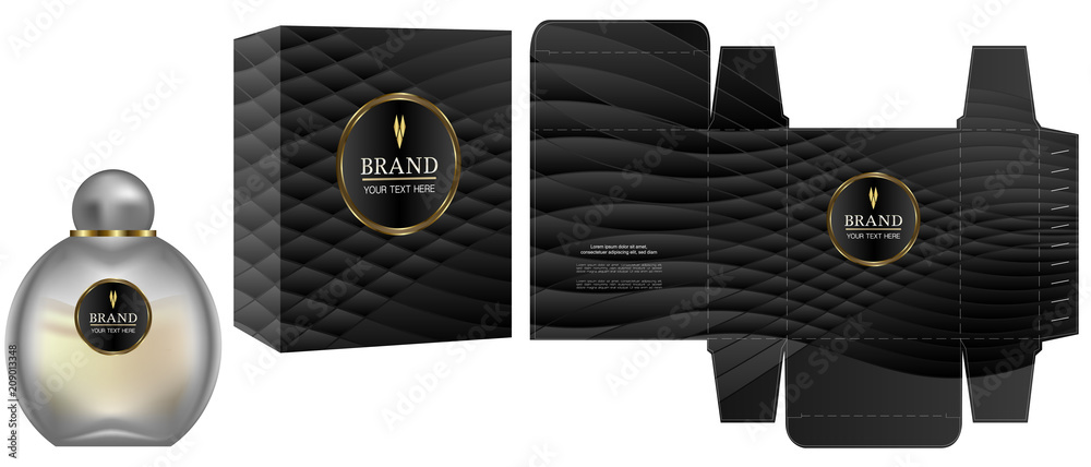 Fototapeta Packaging design, Label on cosmetic container with black luxury box template and mockup box, illustration vector.