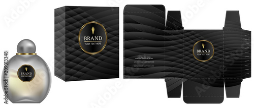 Fototapeta Packaging design, Label on cosmetic container with black luxury box template and mockup box, illustration vector.