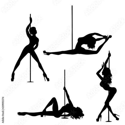 set of vector silhouette of girl and pole on a white background. Pole dance illustration for fitness, striptease dancers, exotic dance. Illustration EPS10 for logotype, badge, icon, logo, banner, tag.