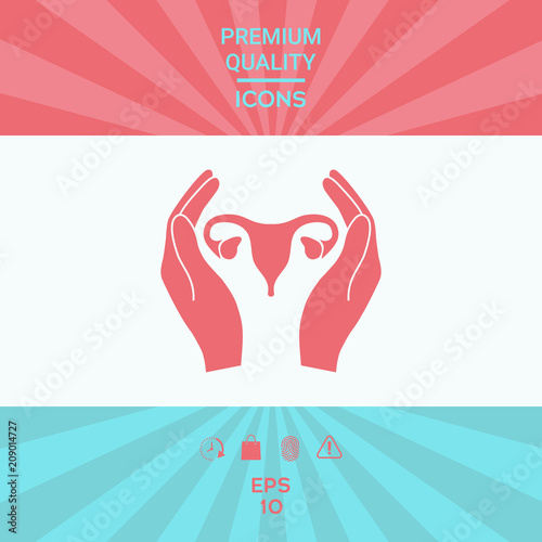 Hands holding Female uterus - protection icon