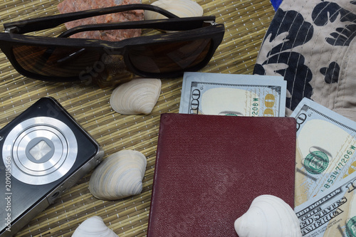 passport, camera with money (dollars) hat and seashells lie on the beach covered, let off in the release