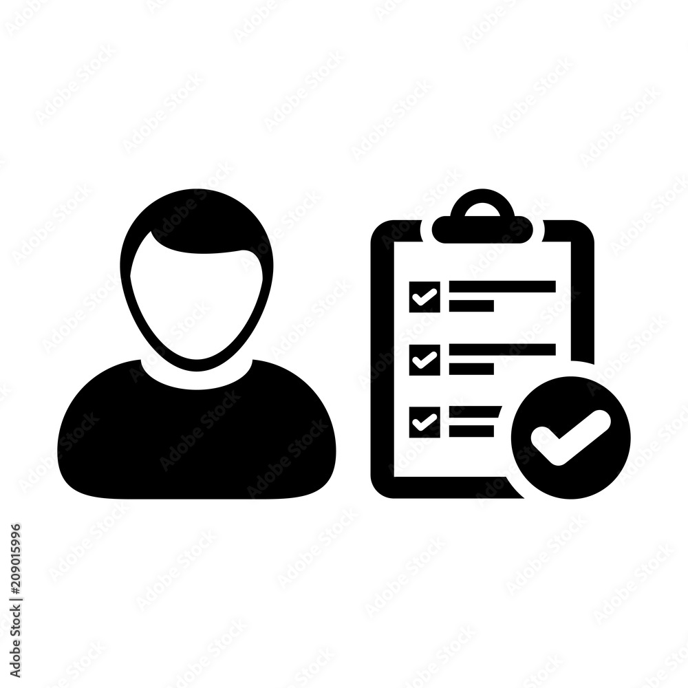 List icon vector male person profile avatar with survey checklist report document and tick symbol in flat color Glyph Pictogram illustration List icon vector male person profile avatar with survey checklist report document and tick symbol in flat color Glyph Pictogram illustration