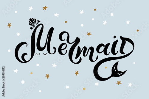 Mermaid text as logo, badge, patch, icon isolated on blue background. Handwritten lettering Mermaid for birthday, greeting card, party invitation, flyer, banner template, baby shop, t-shirt design.