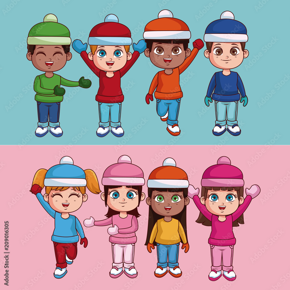 Happy kids with winter clothes cute cartoon vector illustration graphic design Happy kids with winter clothes cute cartoon vector illustration graphic design