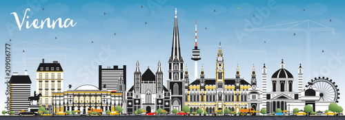 Vienna Austria City Skyline with Color Buildings and Blue Sky.