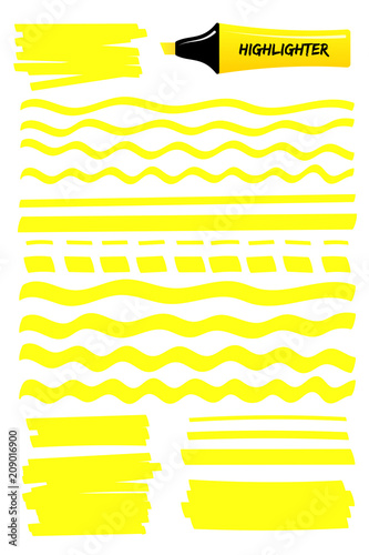 Set of highlighter brush hand drawn elements. Yellow scribbled box with wavy lines, solid stripes and sketchy dashed strokes hand drawings with highlight marker. Vector illustration text memo design.