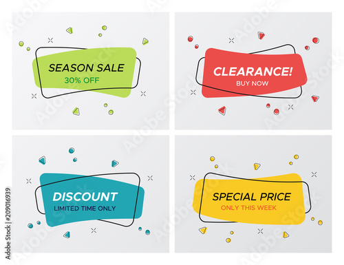 Set of flat geometric sale banner in trendy concept. Bright colors label with price discount title in round corners rectangle. Vector illustration with sale tags for store advertising, online business