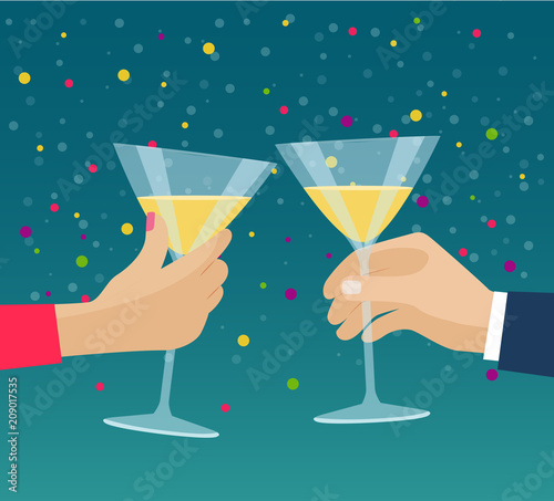 Human hands with martini glasses. Vector flat illustration