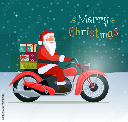 Retro red motorcycle with santa claus and gift boxes. Merry Christmas. Vector flat style illustration