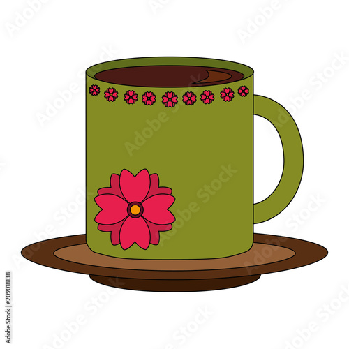 flowers decorative coffee cup ceramic on dish vector illustration
