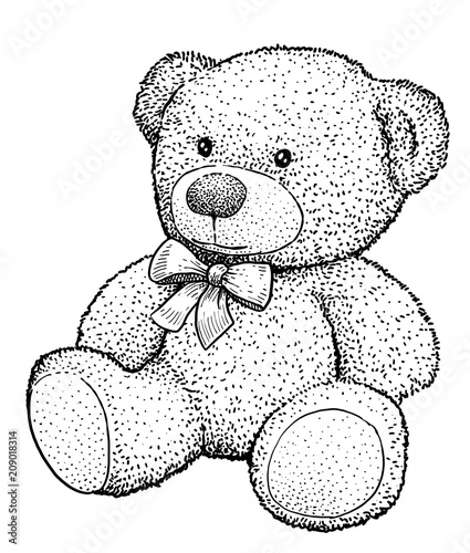 Teddy bear illustration, drawing, engraving, ink, line art, vector