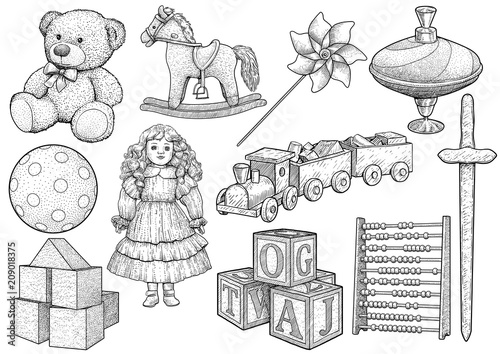 Children toy collection, illustration, drawing, engraving, ink, line art, vector