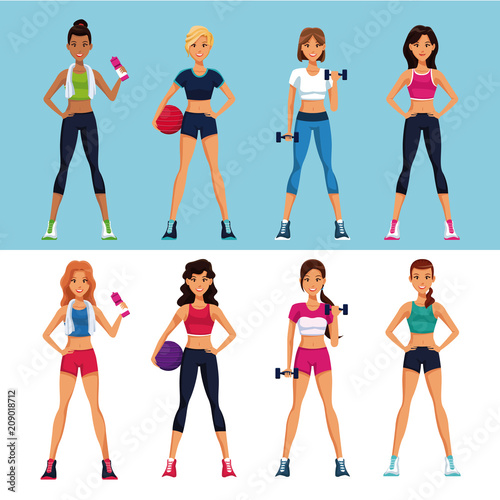 Set of fitness womens models cartoons vector illustration graphic design