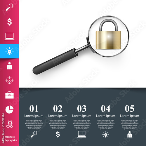 Realistic business magnifier. Zoom in and find lock