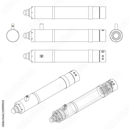 Hydraulic cylinder. Technical vector drawing.