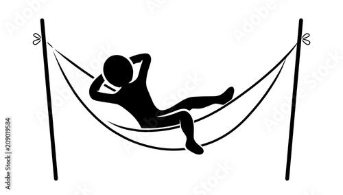 Schwarz-weißes Männchen entspannt mit verschränkten Armen in einer Hängematte / – Flat Design / Vektor / Icon