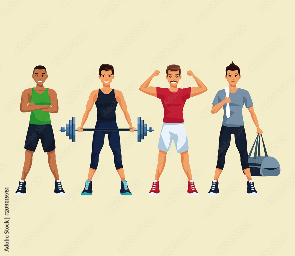 Obraz premium Set of fitness mens with sport wear vector illustration graphic design