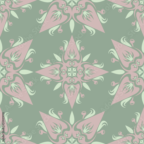 Olive green floral seamless pattern with pale pink elements. Background with flower designs