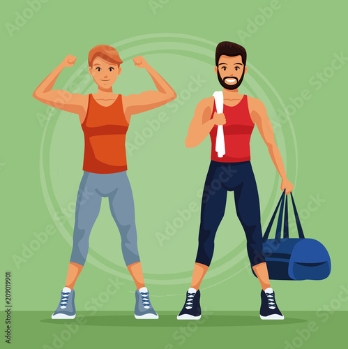 Two fitness mens with sport wear vector illustration graphic design