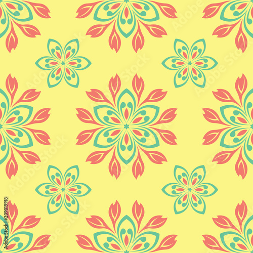 Wallpaper Mural Seamless pattern with floral design. Bright yellow background with pink and green flower elements Torontodigital.ca