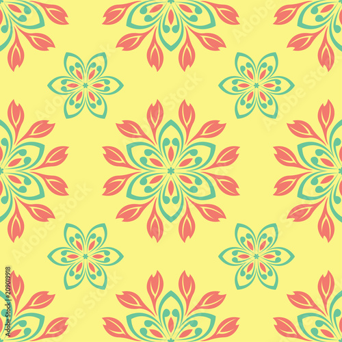 Seamless pattern with floral design. Bright yellow background with pink and green flower elements