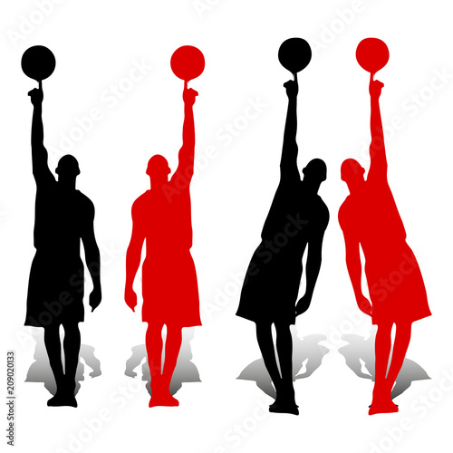 Collection of Silhouette basketball players, red and black, holding the ball on the outstretched hand up, on one finger, on a white background,