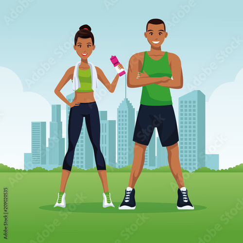 Fitness and sexy young couple at park vector illustration graphic design