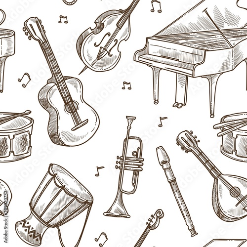 Musical instruments vector pattern background