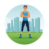 Fitness man in the city round icon cartoon vector illustration graphic design